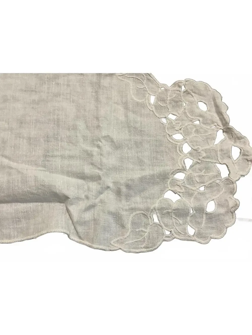 Vintage White Linen Table Runner with Floral Cutwork Embroidery 37”x 12”
